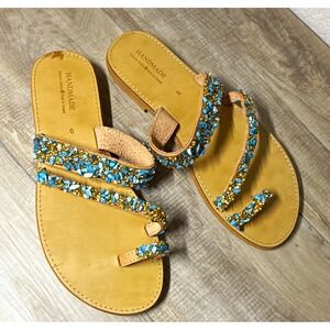 Handmade in Greece Leather Sandals Turquoise Gold Beaded Boho Size 40
